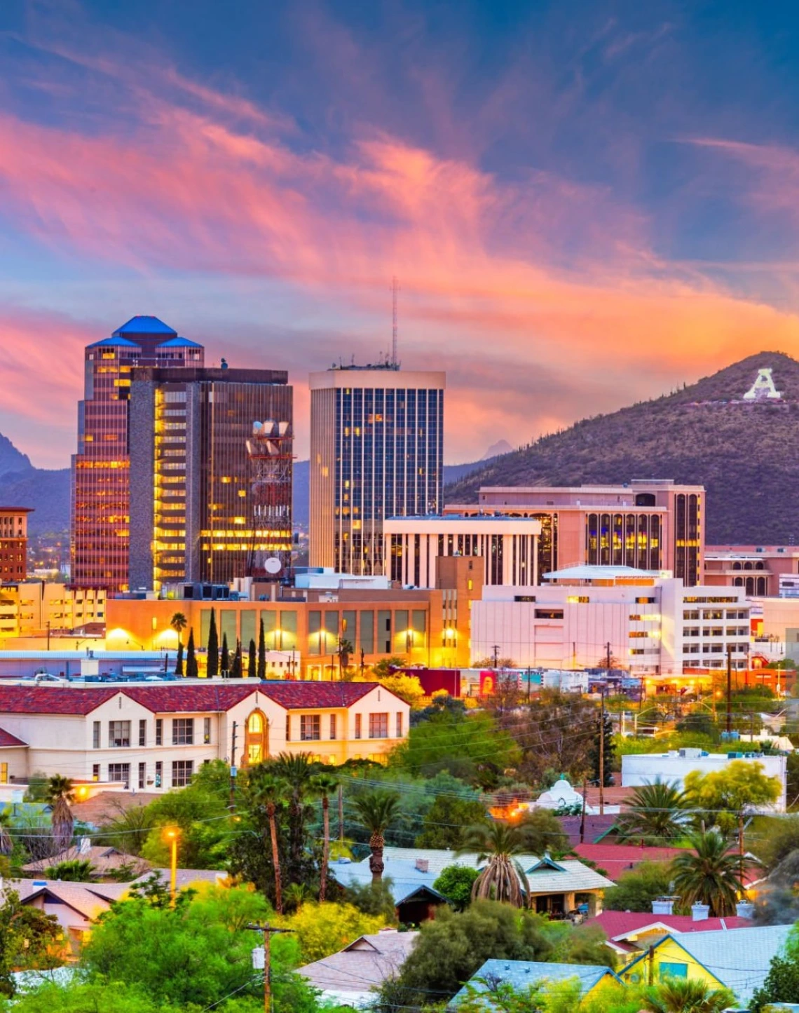 Tucson, Arizona, USA downtown skyline with Sentinel Peak at dusk. (Mountaintop "A" for "Arizona")