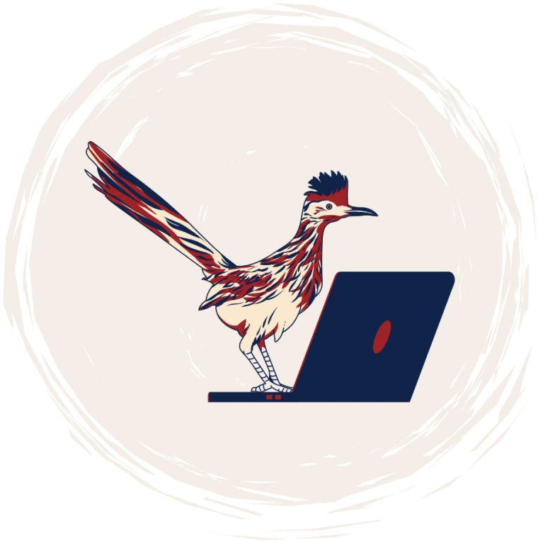 UA Blue and Red roadrunner standing on an open laptop