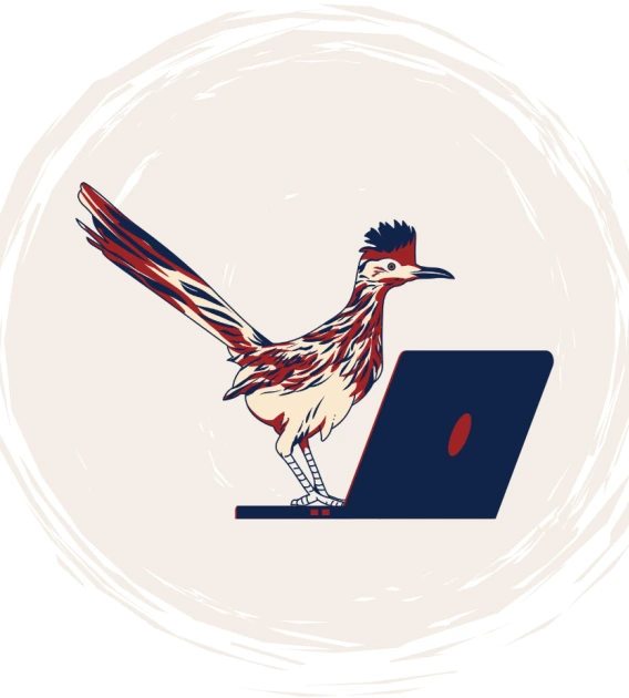 UA Blue and Red roadrunner standing on an open laptop