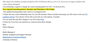 email about csc 110 section 1 fall 25 time change