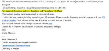 email about fall 25 class time for csc 380