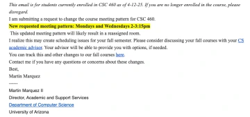 email about fall 25 csc 460 time change
