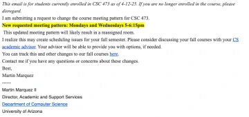 email about time change proposed for fall 2025 csc 473 section